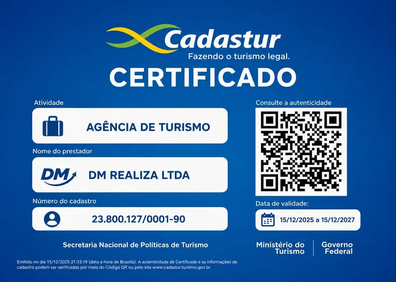 Certificado Cadastur do Ministério do Turismo: Agência de Turismo, DM REALIZA LTDA, CNPJ 23.800.127/0001-90, válido de 15/12/2025 a 15/12/2027