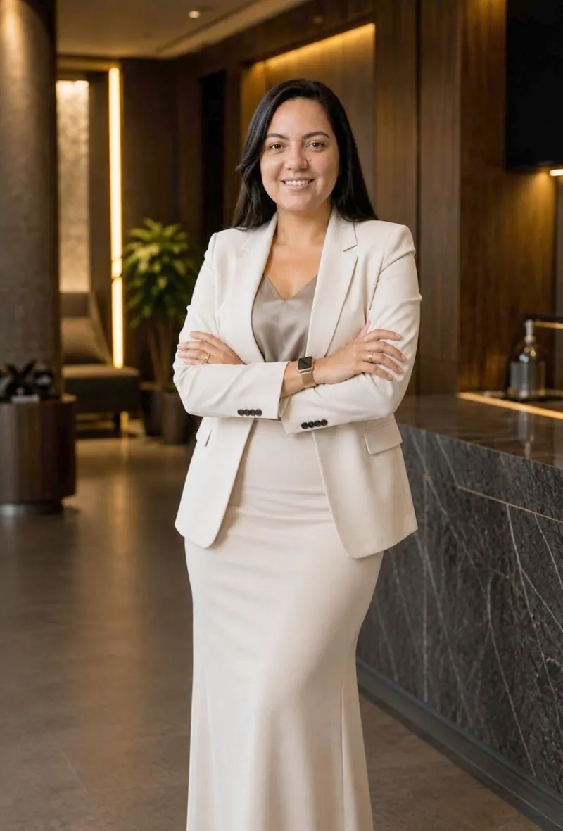 Dayane de blazer claro e saia longa, de braços cruzados, em um corredor de madeira escura