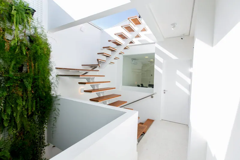 Escada branca com degraus de madeira e jardim vertical no escritório