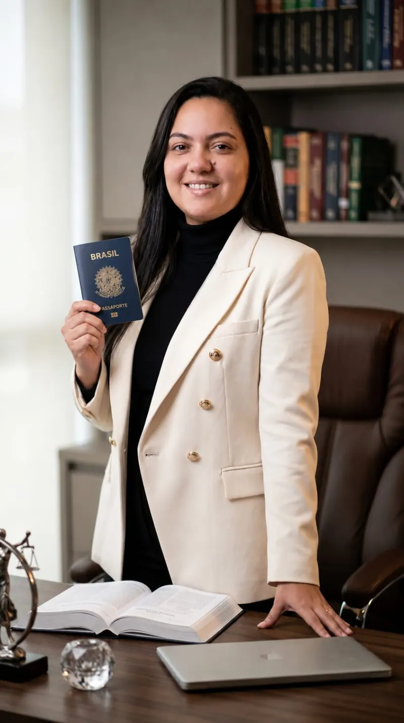 Dayane de blazer claro, em pé no escritório com estantes de livros, segurando um passaporte